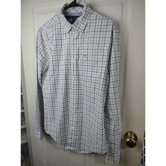 Tommy Hilfiger White Blue Windowpane Long Sleeve Custom Fit Button Shirt. Size M - Picture 2 of 8